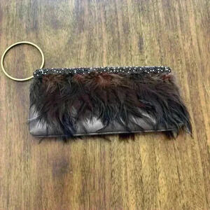 Arden B Brown Feathered Beaded Satin Clutch Purse Vintage Y2K